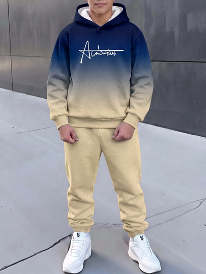 Bộ 2 món áo nỉ hoodie tay dài phong cách tối giản thoải mái cho bé trai tuổi teen, mặc thường ngày mùa Thu/Đông, họa tiết in gradient xanh dương cổ điển và màu kaki, in chữ viết tay phong cách điển trai cổ điển