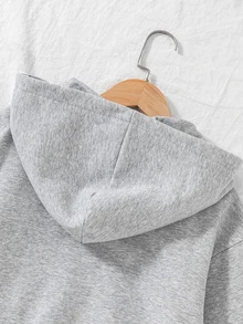 SHEIN 青少年女孩抓絨內裡休閒拉鍊連帽衛衣 秋冬純色保暖加厚運動衫 - 灰色 - 查看 8