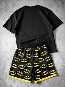 BATMAN X SHEIN Manfinity EMRG 大尺碼男士字母卡通印花短袖T恤與短褲套裝，街頭復古風 - 彩色 - 查看 2