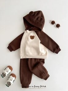 Cozy Pixies 2件組男嬰卡通熊圖案對比色插肩袖秋季外套與彈性腰厚實保暖內裡長褲套裝，適合冬季 - 彩色 - 查看 4