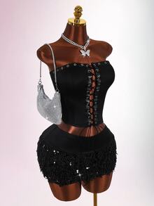 Amplova Women's Solid Color Eyelet Tie Design Bandeau Top And Fluffy Bodycon Skirt Sexy Fashion 2 Pieces Set - Black - View 9