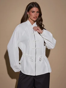 SHEIN BAE جاكيت نسائي أنيق بأزرار على شكل ضفدع وخصر مشدود وأكمام طويلة - لون مشمشي - مشاهدة 6