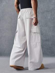 PAVTROS Men's Letter Print Drawstring Waist Wide Leg Loose Cargo Pants - Light Grey - View 2