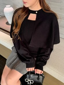 Bijouette Plus Size Women Solid Color Shawl Cardigan And Square Neck Long Sleeve Sweater Set - Black - View 7