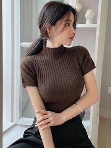 DAZY 女款純色立領短袖休閒針織上衣 - 咖啡棕 - 查看 7