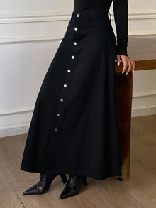 DAZY Rok Denim Panjang Model A-Line Wanita dengan Hiasan Kancing Tunggal, Gaya Kasual Urban - Hitam - View 7
