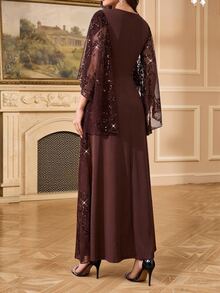Amorya Women's Patchwork Sequin Mesh Elegant Glamorous Long Dress - Coffee Brown - View 2
