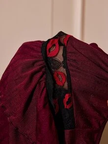 Slumberist Sexy V-Neck Lace Patchwork Multi-Layer Ruffle Camisole Nightwear Set - Burgundy - View 7