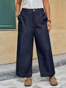 SHEIN MOD Plus Size Women's Casual Daily Travel Denim Jeans With Pockets - Dark Wash - View 4