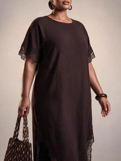 Zivah New Fall/Winter Plus Size Women's Brown Lace-Trimmed Short-Sleeved Round-Neck Long Dress/Vacation/Elegant/Holiday/Party/Festival/Boho/Concert/Office/C