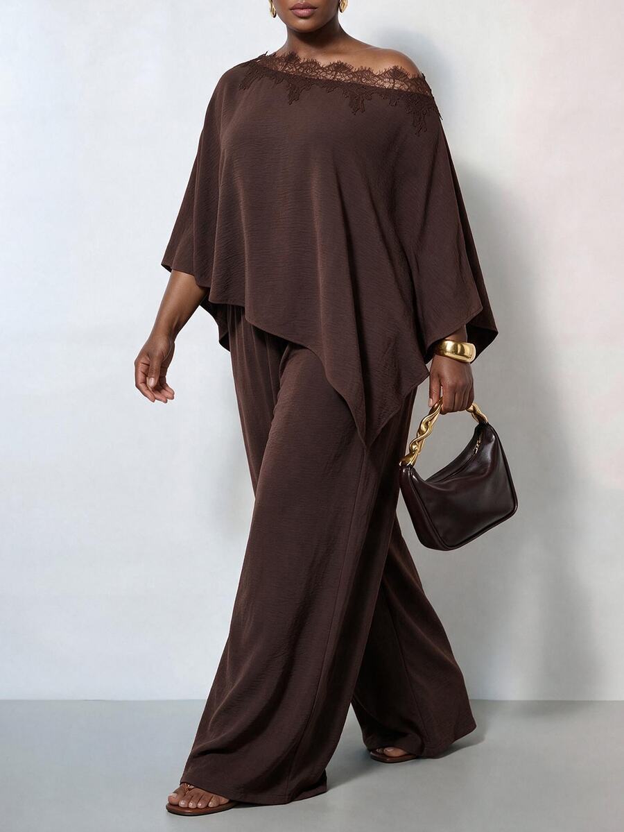 Zivah Plus Size Lace Patchwork Asymmetric Hem Top And Loose Long Pants 2 Pieces Set