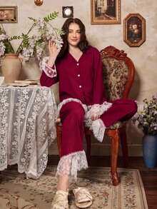 Côtesoire 法式優雅浪漫蕾絲拼接女款睡衣套裝 - 酒紅色 - 查看 6