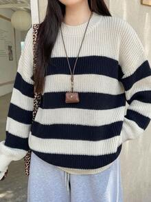 DAZY 女款條紋落肩長袖休閒寬鬆套頭毛衣 - 藏蓝色 - 查看 6