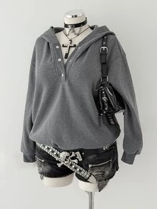 Sunspun Plus Size Button Half-Placket Long Sleeve Hooded Sweatshirt - Dark Grey - View 5