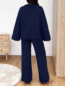 SHEIN EZwear 女款休閒深藍色拉鍊半開領落肩長袖針織上衣與針織長褲兩件套，秋冬款 - 藏蓝色 - 查看 2