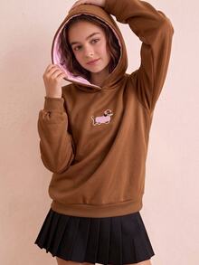 SHEIN Sparklyn 青少年女孩可愛臘腸狗刺繡連帽套頭衛衣 淡黃色學院風日系可愛條紋內裡口袋寬鬆秋冬休閒上衣 - 棕色 - 查看 4