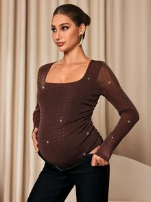 MaterniChic Maternity Rhinestone Pleated Casual Daily Wear Jumpsuit - Brown - View 5