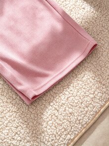 SHEIN Sparklyn Tween女孩 2件/套 英倫風對比領兩件套，華夫格針織面料，上衣配白色對比領... - 粉色 - 查看 4