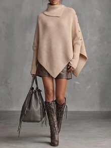 SHEIN Women's Asymmetric Design Single-Sided Button Decor Cape Batwing Sleeve High Neck Long Sleeve Ribbed Knit Sweater, Fashionable And Elegant, Suitable For Daily Commute, Dating, Shopping - Khaki - View 5