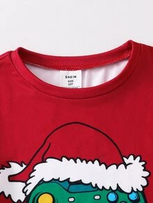 SHEIN 大童男孩聖誕遊戲機圖案圓領長袖褲子休閒舒適修身居家睡衣套裝 2件組 - 紅色 - 查看 5