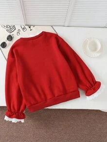 SHEIN Tween Girls Fall Holiday Red And White Sweatshirt, Lace Ruffle Collar Cuff, Cute Long Sleeve Pullover For Christmas Valentine Daily Wear School - Red - View 2