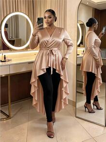 SHEIN Lady CURVE Plus Size Women Solid Color V-Neck Waist Tie Casual Versatile Blouse - Gold - View 3