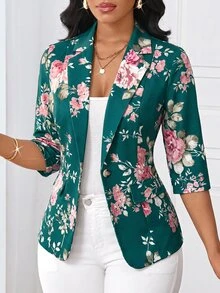 SHEIN Lady 女款薄款西裝外套，適合四季商務休閒穿搭，花卉印花女式西裝外套，秋冬款 - 青碧色 - 查看 1