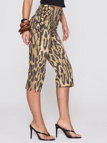 MUSERA Celana Capri Pas Badan Motif Leopard dengan Tali Samping, Cocok untuk Musim Gugur dan Musim Dingin, Seksi, Motif Leopard untuk Halloween, Sehari-hari, Gaya Pinggir Jalan, Renegade - MultiWarna - View 3