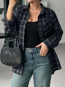 Dazy Plus Loose Plaid Street Casual Preppy Style Thickened Shirt, Spring/Autumn New Arrival - Navy Blue - View 1