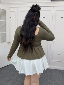 SHEIN EZwear 大尺碼女款純色抓皺休閒百搭日常長袖T恤 - 軍綠色 - 查看 2