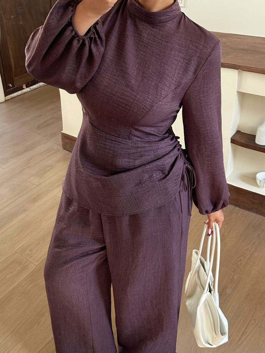 Dazy Plus Solid Color Fitted Waist Stand Collar Long Sleeve Pullover Shirt And Wide Leg Pants Elegant Spring/Autumn 2 Pieces Set - Purple - View 1