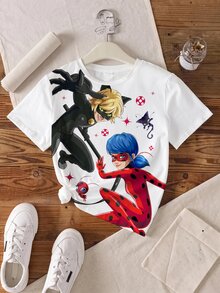 Miraculous Ladybug X SHEIN Tween Girl Anime Character Print Crew Neck Short Sleeve Casual T-Shirt - White - View 3