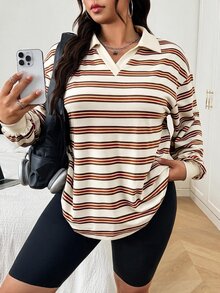 SHEIN EZwear 大尺碼女款條紋落肩長袖休閒寬鬆運動衫 - 白色 - 查看 4