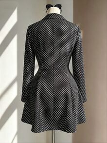 Fine & Folde Women's Autumn/Winter Polka Dot Faux Pearl Button Pleated Dress For Dating - Black - View 2