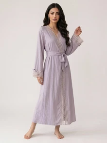 DAZY Women's Soft Lace Patchwork Comfortable Sleepwear Robe For Home Leisure - Purple - View 3