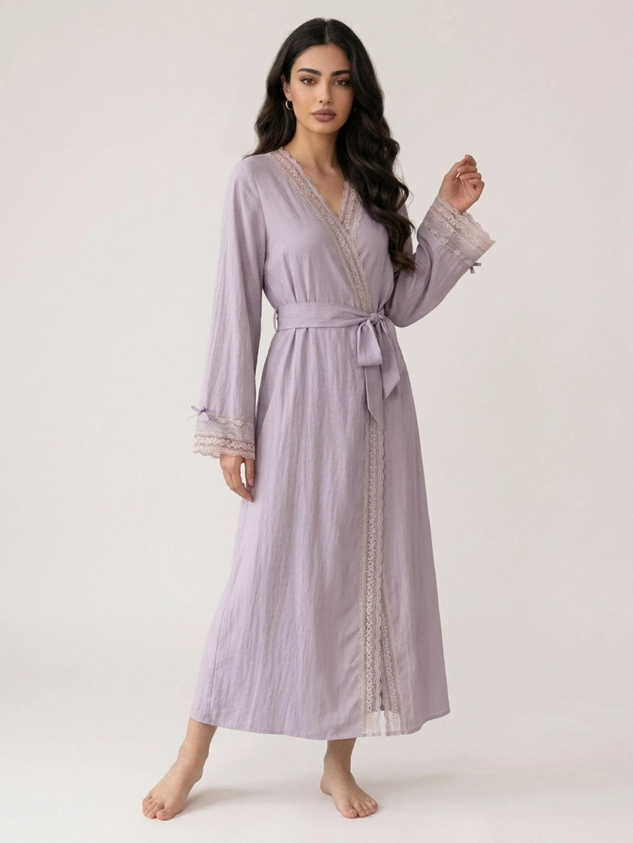 DAZY Women's Soft Lace Patchwork Comfortable Sleepwear Robe For Home Leisure - Purple - View 1