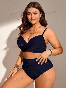 SHEIN Swim Curve 大尺碼女款兩件式純色聚攏胸部時尚極簡分體泳衣度假套裝 - 藏蓝色 - 查看 3