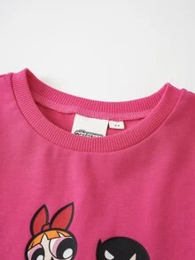 THE POWERPUFF GIRLS X SHEIN Young Girl Letter Print Crew Neck Long Sleeve Sweatshirt And Flared Pants Casual Set - Pink - View 4