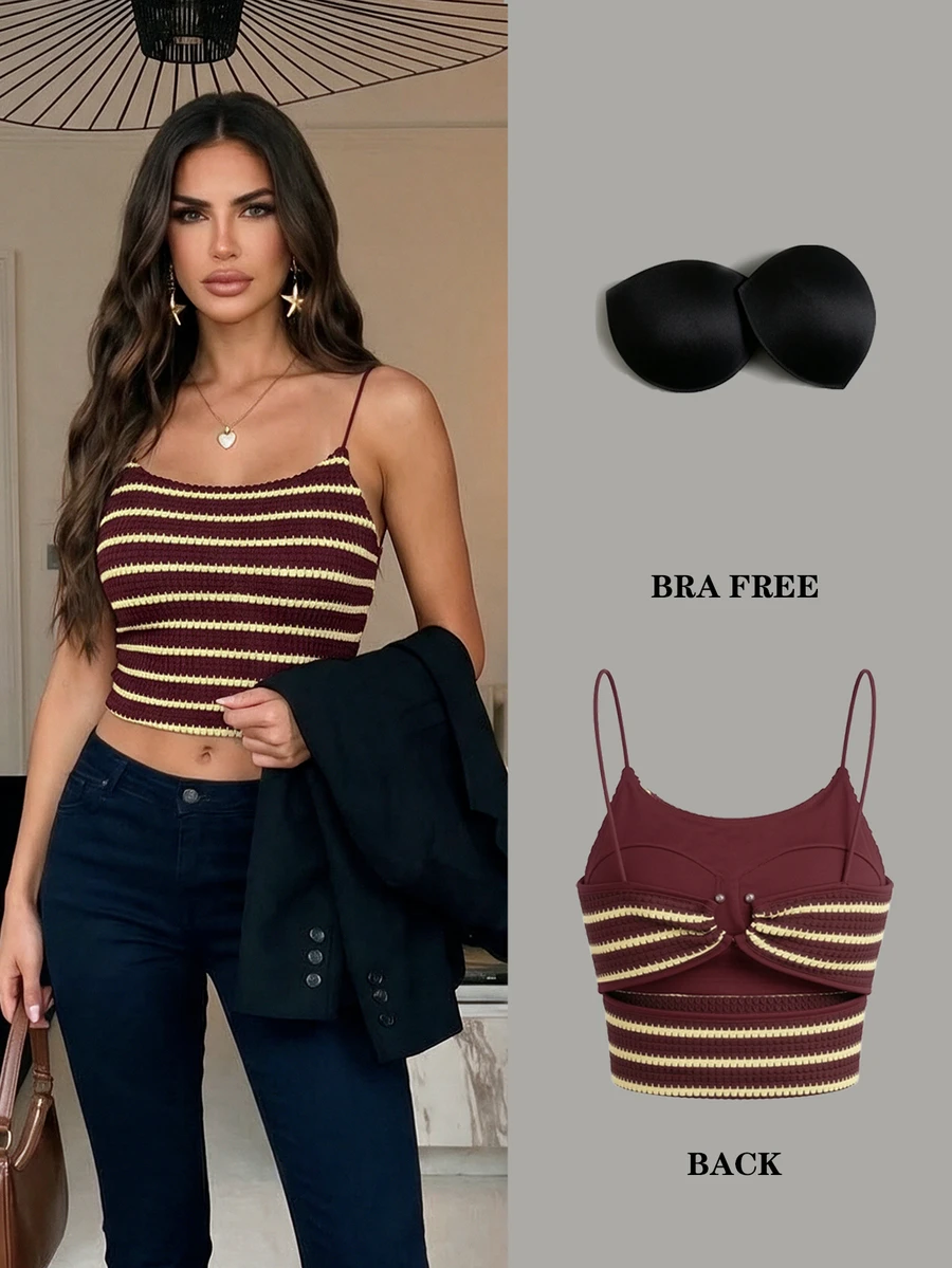 Allurite Back Metal Buckle Strap Padded Camisole Tank Top - Burgundy - View 1