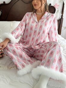 CottageSlumber Plus Size Women's Romantic Pajama Set With Pink Foundation, Bow, Rose Print, Cuffed Sleeves And Hems, Fur Trim, Front Button Closure And Patch Pockets, Long Sleeve Long Pants - Pink - View 6