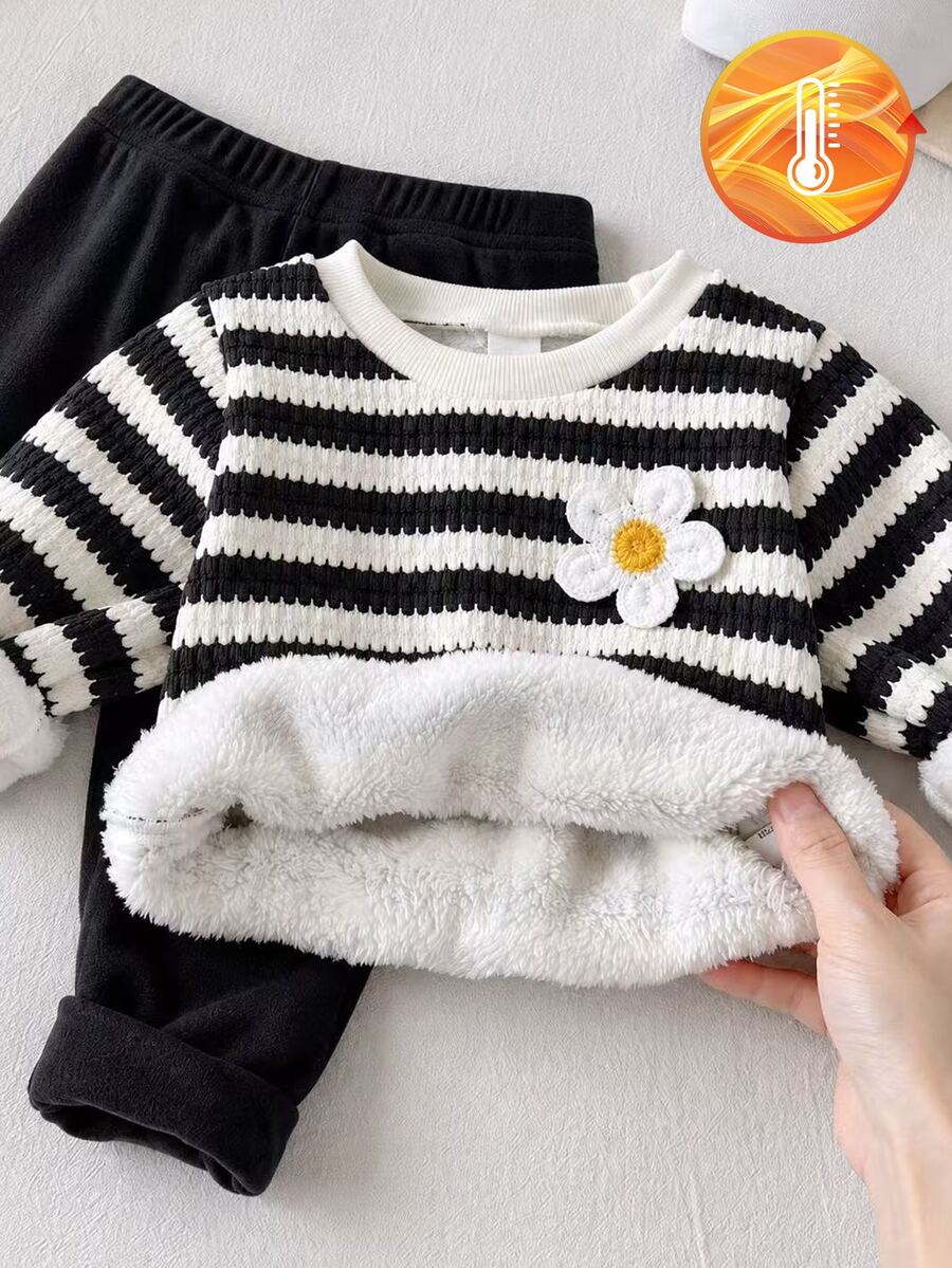 Elladie kids 2件組女嬰春秋咖啡色與白色拼接韓式甜美風3D花朵貼飾波浪條紋圓領長袖上衣與純色修身長褲套裝,寬鬆短版,適合日常外出、春季戶外活動、1歲生日拍照、家庭聚會、休閒旅行 - 彩色 - 查看 1