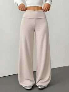 SHEIN PETITE 女款極簡百搭寬鬆長褲，適合日常穿著 - 卡其色 - 查看 2