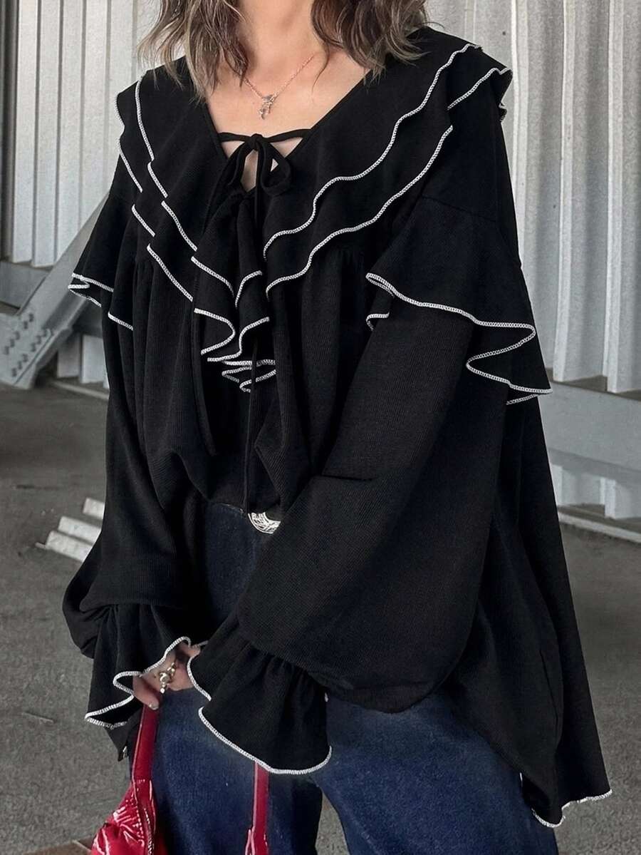 FRIFUL 女款初秋新款韓式風層次荷葉領綁帶袖口喇叭袖純色T恤 - 黑色 - 查看 1