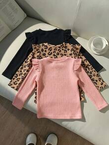 3pcs Young Girl 4-8Y Streetwear Ruffle Leopard Rib-Knit Long Sleeve Cozy Fleece Hoodies Tops Tees School Outdoor Play Fall Winter - Multicolor - View 2
