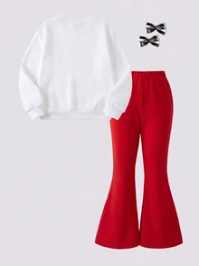 HELLO KITTY AND FRIENDS | SHEIN 女嬰春秋冬兩件套，圓領長袖印花衛衣搭配純紅色喇叭褲，可愛休閒幼兒套裝，適合日常穿著與外出 - 紅色 - 查看 3