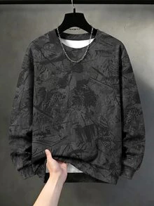 Tween Boy Casual Fashion Round Neck Long Sleeve Sweatshirt, Suitable For Autumn/Winter, Classic Handsome Cool Dry Branch & Fallen Leaf Print, Classic Text & Newspaper Layout Print, Suitable For Streetwear - Multicolor - View 4
