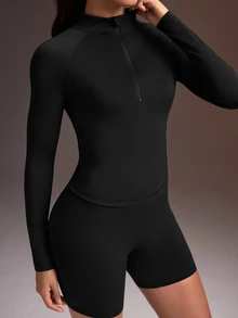 Powerista Women's Half-Zip Raglan Long Sleeve Casual Fitness Sports Sweatshirt - Black - View 1