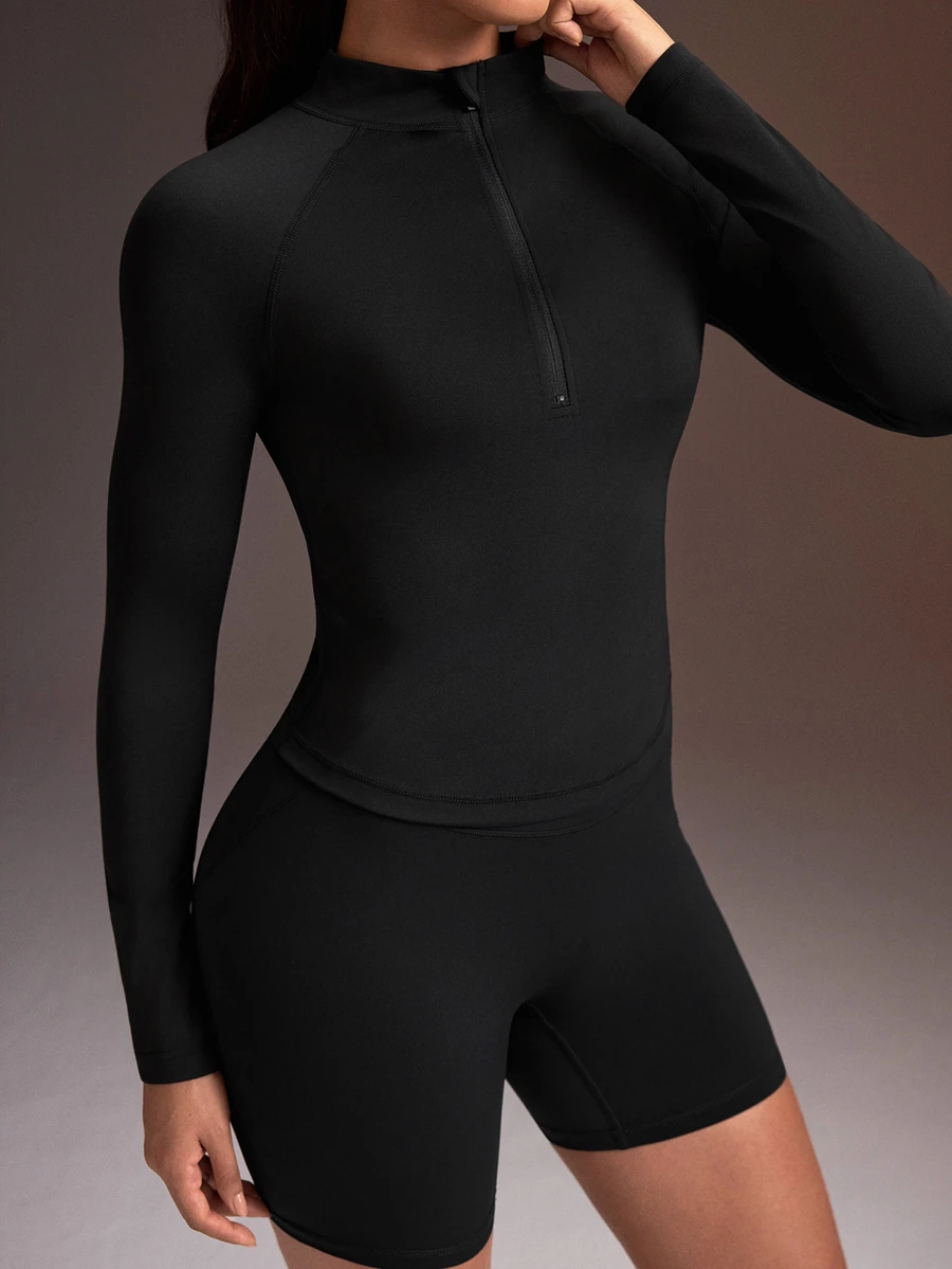Powerista Women's Half-Zip Raglan Long Sleeve Casual Fitness Sports Sweatshirt - Black - View 1