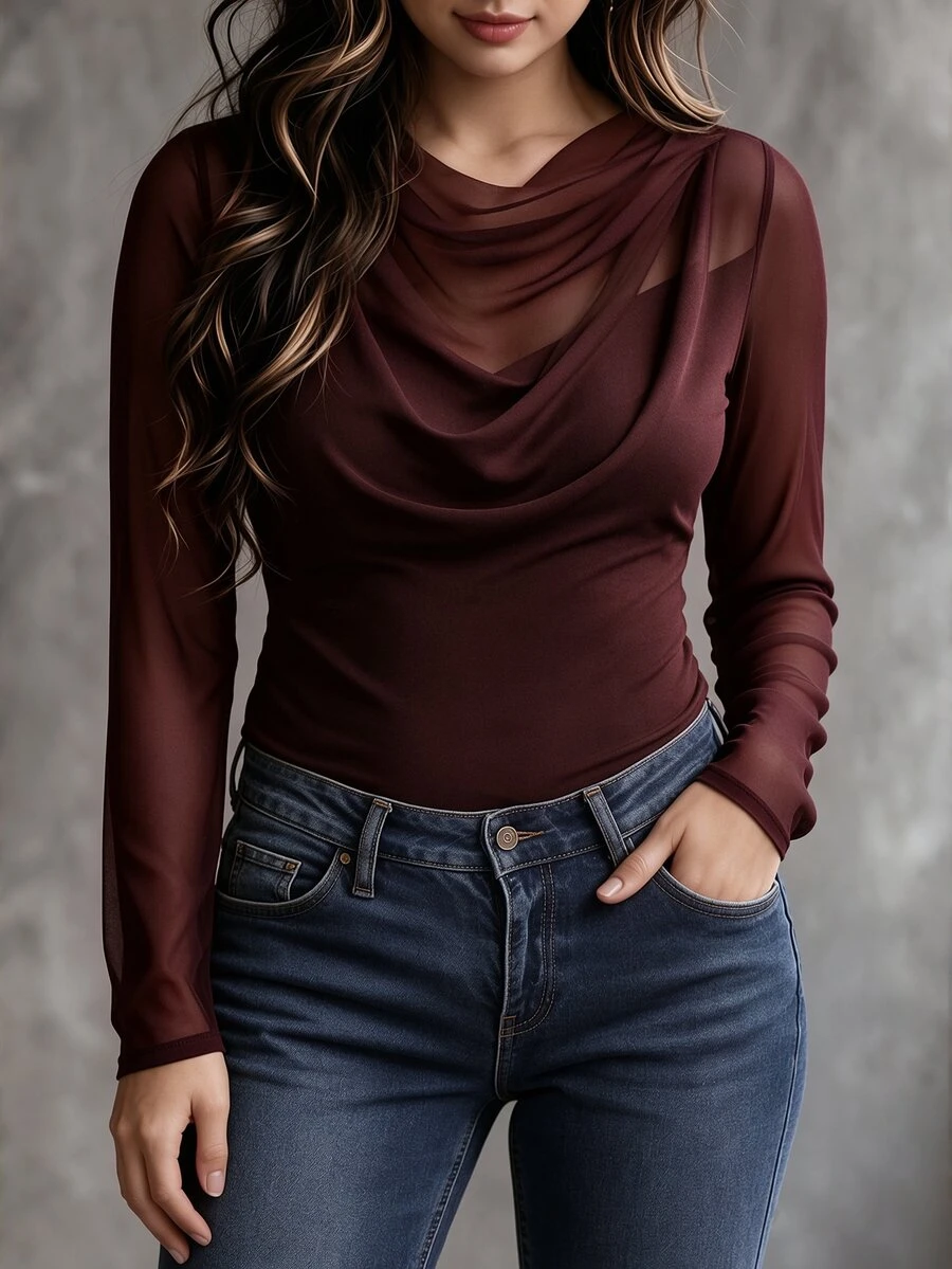 Velvienne Plus Size Women's Spring/Autumn Minimalist Solid Color Semi-Sheer Fitted Cowl Neck T-Shirt, Suitable For Daily Wear - Brown - View 1