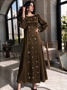 Yasmyna Women Spring Fall Winter Elegant Slim Fit Modest Dark Brown Satin Round Neck Beaded Rhinestone Long Sleeve Fitted Waist Flowy MaxiDressForBanquetParty - Coffee Brown - View 5